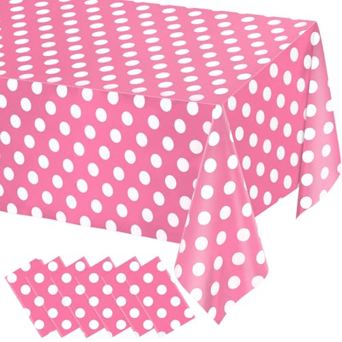 Image of WNINK 6 Pack Pink and White Polka Dot Tablecloths - Disposable Plastic Waterproof Table Cover, 54 inch x 108 inch, for Birthday, Wedding, Bridal Shower, Bachelor, Pink Girl Party, and Picnic