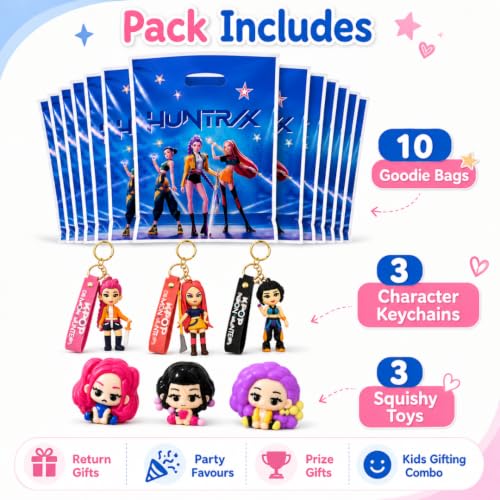 Image of Wanna Party Korean Pop Inspired Return Gift Combo for Kids | Pack of 10 Goodie Bags with Set of 3 Character Keychains & Set of 3 Squishy Toys | Birthday Party Favours and Gift Bag Fillers