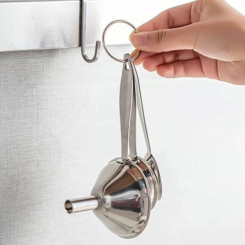 Miniatura 9 de Juego de 3 mini embudos de acero inoxidable, embudos de metal para cocina, embudos sin derrames, con mango largo para transferir líquidos de aceite