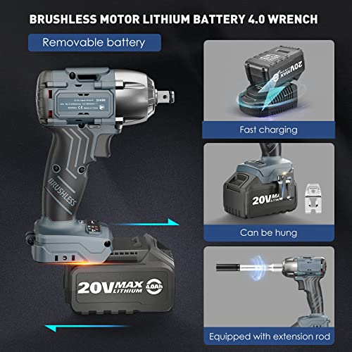 Wssey Cordless Impact Wrench 1/2 Inch Electric Brushless Impact Wrench 2800Rpm/2300Rpm High Torque Impact Gun 475Ft-Lb/650Nm With 2 * 4000Mah Removable Battery, 6 Sockets, Fast Charger, Extension Rod #TOP4