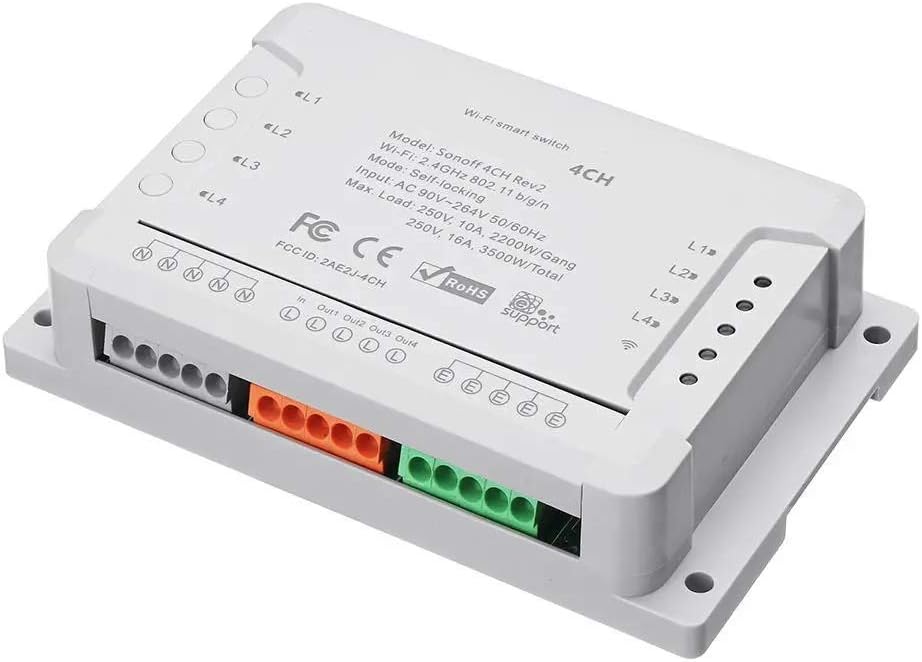 4 Channel 10A 2200W 2.4Ghz Smart Home WiFi Wireless Switch APP Remote Control AC 90V-250V 50/60Hz Din Rail Mounting Home Automation Module
