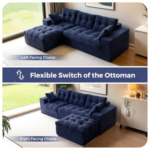 Image of MAXYOYO 96 inch L Shaped Modular Sectional Sofa with Ottoman, Cloud Boneless Couch with Layered Cushion, Upholstered Flexible Module Combination Sofa for Living Room, No Assembly, Navy