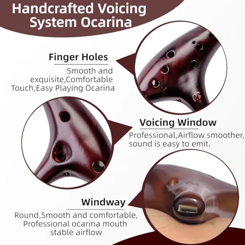 Image of Ocarina,Strawfire12 Hole Ocarina Instrument,Alto C Ceramic Ocarina With Song Book Strap for Beginner Gift Idea(Black)