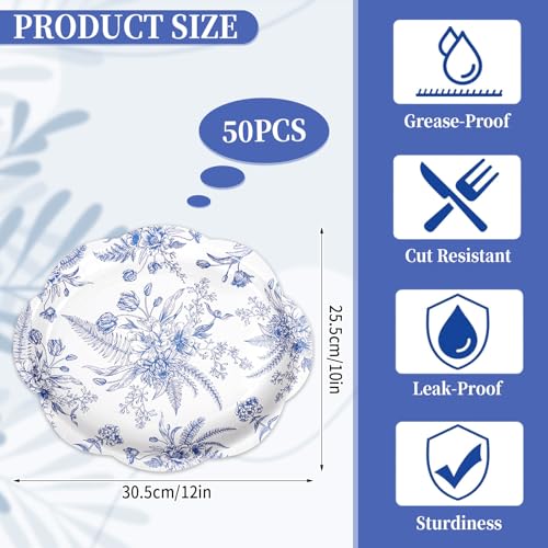 FYSUIMU 50 Pcs Blue Floral Paper Plates Vintage Chinoiserie Flowers Scalloped Disposable Plates 12 x 10 Inch Dinner Dessert Tableware Plate for Wedding Birthday Bridal Baby Shower Tea Party Supplies - Thumbnail 2
