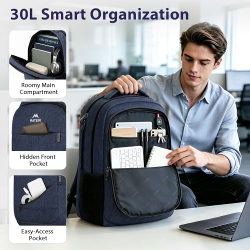 Image of MATEIN 17 inch Laptop Backpack, Large Travel Backpack Carry On Flight Approved with Trolley Sleeve, Computer Work Bag with USB Charging Port, Water Resistant Daypack for College, Dark Blue