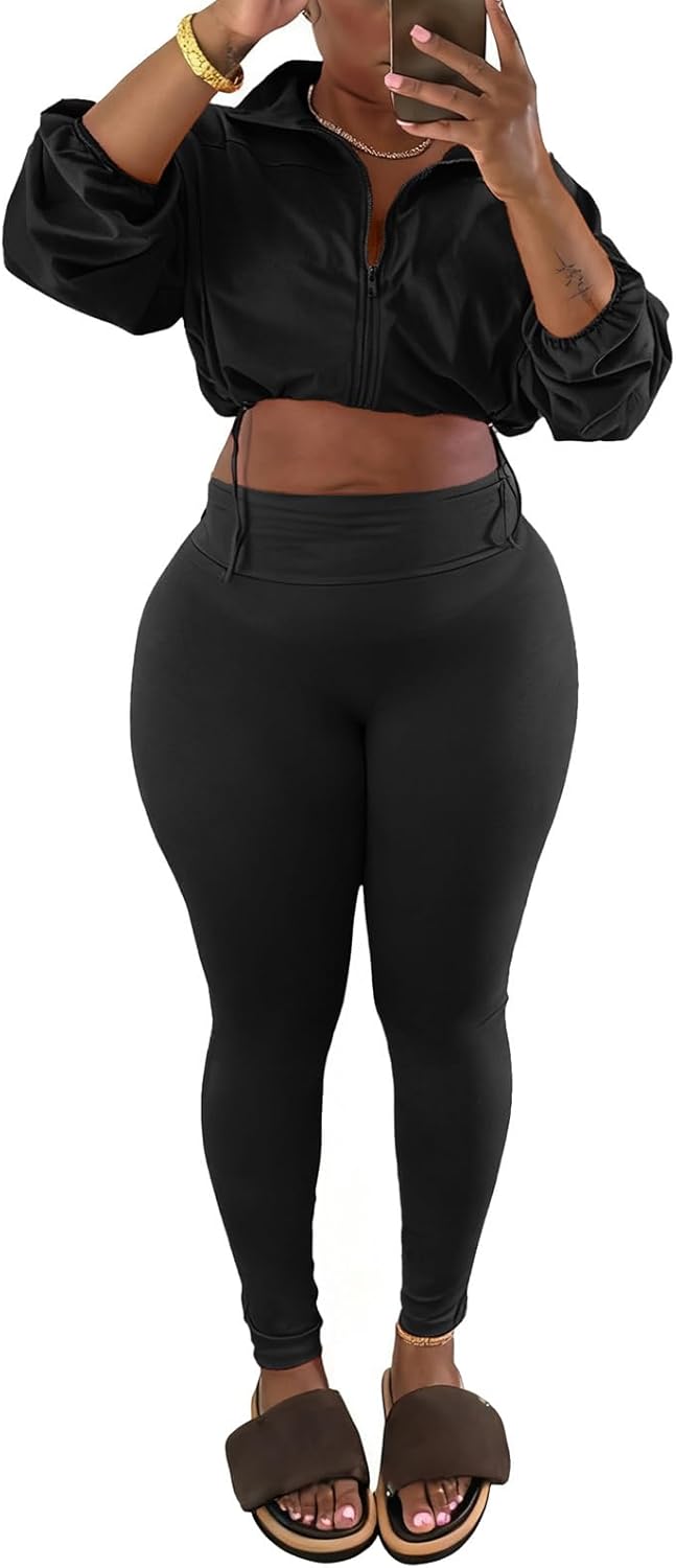 Ophestin Women 2 Piece Outfits Workout Sets Long Sleeve Zip Up Crop Jacket Bodycon Pant Tracksuit Jogging Suit - Image 2