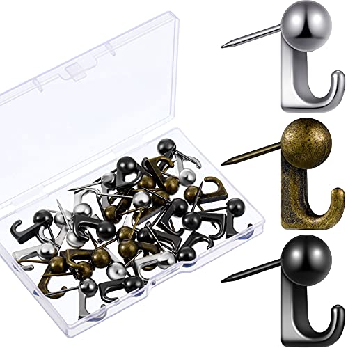 Image of Jetec 30 Pieces Metal Push Pin Hangers Pin Wall Hooks Picture Hanging Picture Nails Frame Oil Painting Hooks on Wooden or Fabric Wall for Home or Office(Black, Silver, Bronze)