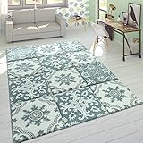 Paco Home Alfombra Diseño Moderna Perfil Contorneado Colores Pastel Cuadros Oriental Azul, tamaño:160x230 cm