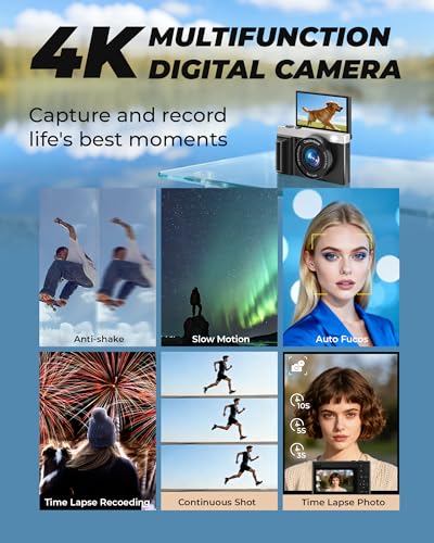 4Kデジタルカメラ 写真撮影用 64MP オートフォーカス Vlogカメラ YouTube用 3インチ 180°フリップスクリーンビデオカメラ、16倍デジタルズーム コンパクトポイント&シュートカメラ 手ブレ防止ビンテージカメラ 64GBカード付き