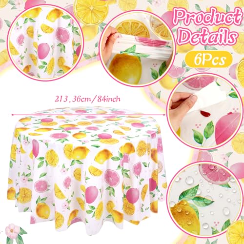 Image of Ganeen 6 Pcs Lemon Plastic Tablecloth 84 Inch Pink Lemon Round Tablecloths Summer Theme Birthday Decor Disposable Plastic Round Waterproof Table Covers for Holiday Wedding Tea Decoration Party Favor