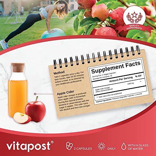 Vitapost Apple Cider Vinegar Pure Apple Cider Vinegar Capsules With Naturally Fermented 1300Mg Apple Cider Vinegar Concentrate. No Harsh Taste. 60 Capsules #TOP3