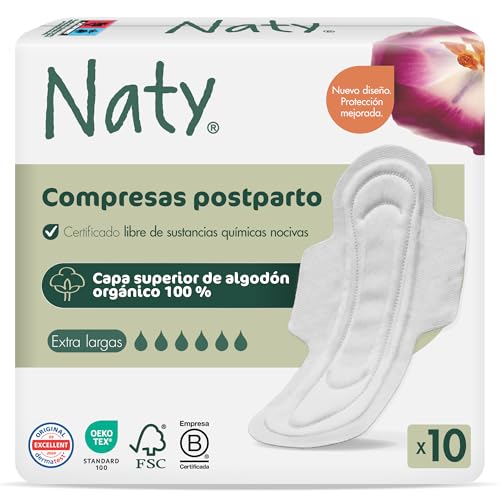Naty compresas posparto con alas | 100% algodón orgánico certificado en contacto con la piel | Seguras para piel sensible, sin fragancia y sin plástico convencional | Toallas suaves | 10 unidades