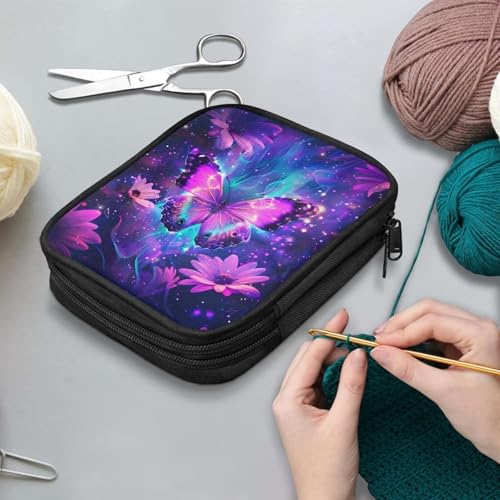 Image of Purple Butterfly Crochet Hook Case Portable Floral Crochet Storage Organizer with Web Pockets for Hooks, Knitting Needles,Knitting Supplies
