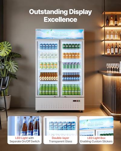 Image of VEVOR Commercial Merchandiser Refrigerator, 35.3 Cu.Ft / 1000L Upright Beverage Cooler, 2 Glass Door Display Refrigerator with Customizable Lightbox, 8 Adjustable Shelves, Soft LED Lighting & Casters