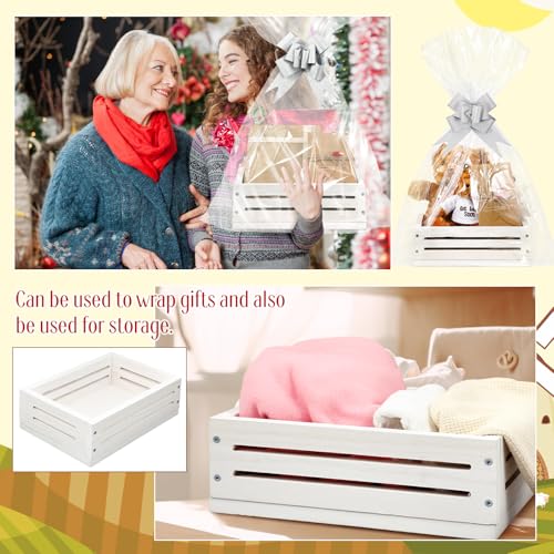 Image of Wonderjune Wooden Baskets for Back to School Gifts Empty Wood Basket with Cellophane Bag Ribbon Greeting Card for Birthday Baby Shower Wedding Housewarming Gifts Packaging(White,Small)