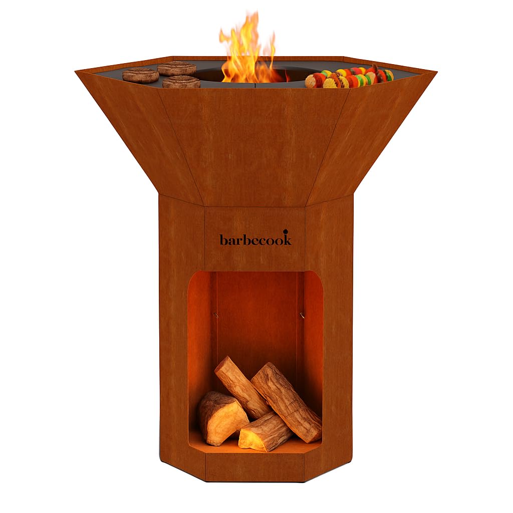 Barbecook Barbecue brasero Nestor Original, Barbecue à Bois Exterieur avec plancha en Acier corten, 92x92x101cm