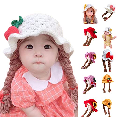 loinhgeo Baby Girls Bucket Hat Braided Wig Woolen Yarn Knitted Hat Sunflower Cherry Cap Casual Cap Photo Prop Gift Pink Bowknot2