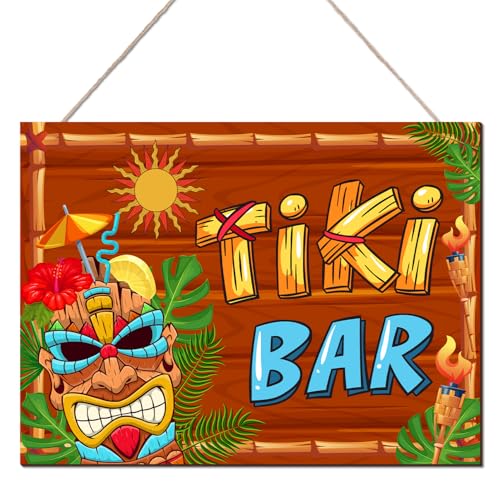 Tiki Bar Sign Hawaiian Luau Party Decoration Supplies Wooden Plaque for Aloha Hawaii Tropical Birthday Totem Hut Hanging Sign for Home Kitchen (Brown)