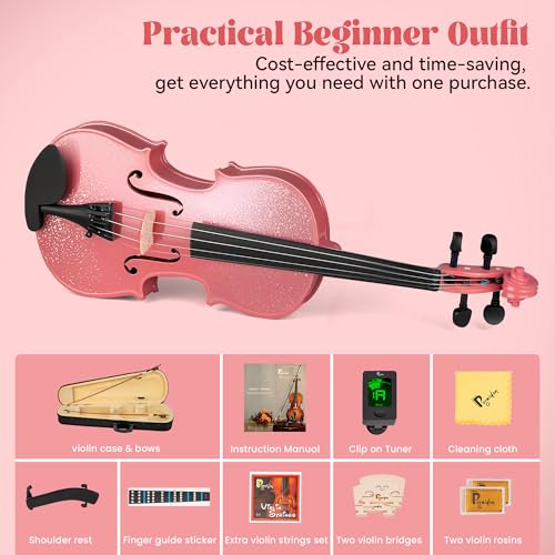 Image of Poseidon Pink Violin 1 /2 Size Set, Violin for Girls Violin with Premium Solidwood Spruce Top with Hard Case, Extra Bows, Extra Strings, Shoulder Rest, Rosin, Clip-on Tuner, Instruction Manual