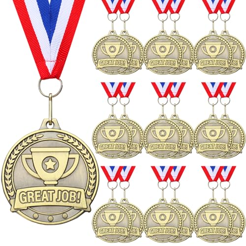 Kenning 20 Pcs 2'' Great Job Gold Medals for Awards Bulk Gold Winner Medals with Neck Ribbons Metal Trophy Award Prize Gift for School Graduation Participation Competitions Sports Tournaments