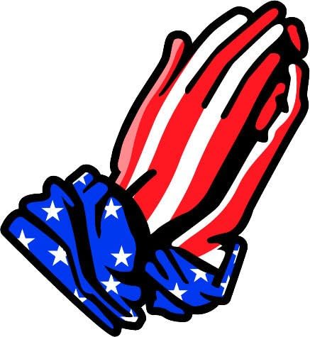 4" Printed color USA Red White Blue Flag Praying Hands sticker decal for any smooth surface such as windows bumpers laptops or any smooth surface.