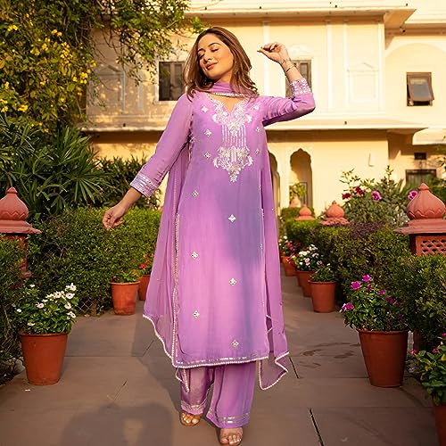 Image of GoSriKi Women's Cotton Blend Straight Embroidered Kurta with Pant & Dupatta