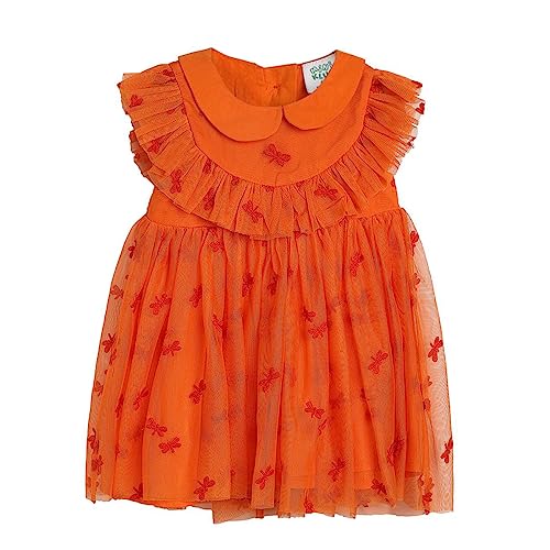 Image of miniklub Baby Round Neck Frill Sleeve Woven Polyester Printed Dress (Orange Color)