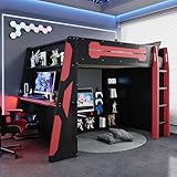 Bekeknlny Gaming Bed with RGB Lighting, Desk, Multi-Storage Shelves and LED, Esports Design for PC & Console Gamers, Full Size Wood Loft Bed for Kids Bedroom (Red/Game)