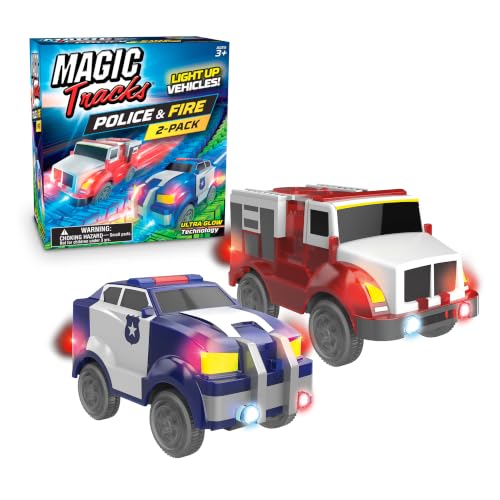 Magic Tracks Police & Fire Truck Cars, 2 Pack, Race Track Accessory, 2 Toy Cars for Magic Tracks Race Car Track Sets | Kids Ages 4-8 | Light Up Police Car & Fire Truck | Track Not Included