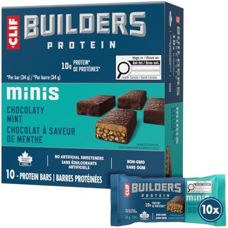 CLIF BUILDERS Mini Protein Bars, Chocolate Mint Flavour, 10g of Protein, Prepared in Canada, Gluten Free, No Artificial Sweeteners, 34 g (Pack of 10), Prepared in Canada