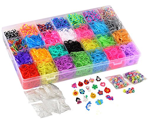 DasKid 12100+ Rubber Bands Refill Loom Set 11,000+ Loom Bands 42 Colors 600 Clips 200 Beads + 52 ABC Beads 30 Charms 10 Backpack Hooks 10 Tassels 5 Crochet Hooks 5 Hair Clips +ABC & Number Stickers