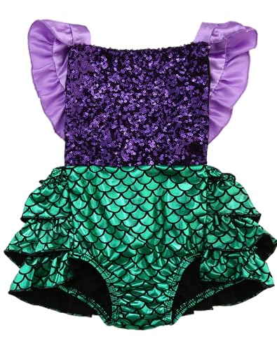 Image of Taoocy Baby Girl Sequins Mermaid Bodysuit Romper Backless Ruffle Sleeveless Jumpsuit Lovely Sunsuit Clothes