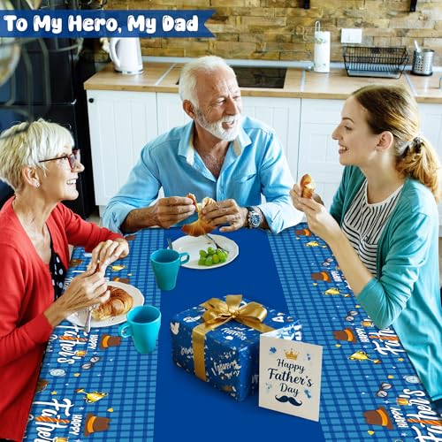 Image of QZYL 3Pcs Fathers Day Decorations, 108 inch X 54 inch Happy Father's Day Tablecloth, Disposable Blue Plastic Tablecloth, Rectangle Tie Hat Man Beard Father's Tablecloth for Dad Party Home Dinner Decor