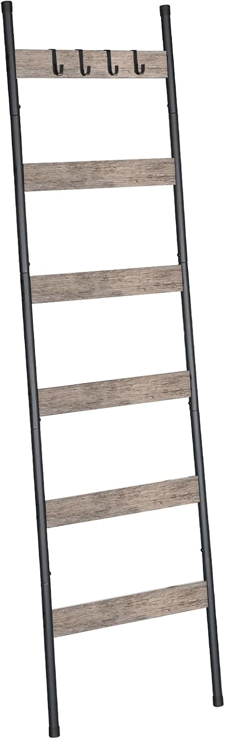 HOOBRO Blanket Ladder, 6-Tier Towel Rack with Hooks, Wall-Leaning Blanket Rack, Decorative Display Ladder Shelf, Scarves, Industrial, Living Room, Bedroom, Black and Greige BG66CJ01 17.3"L x 72.6"W Greige + Black