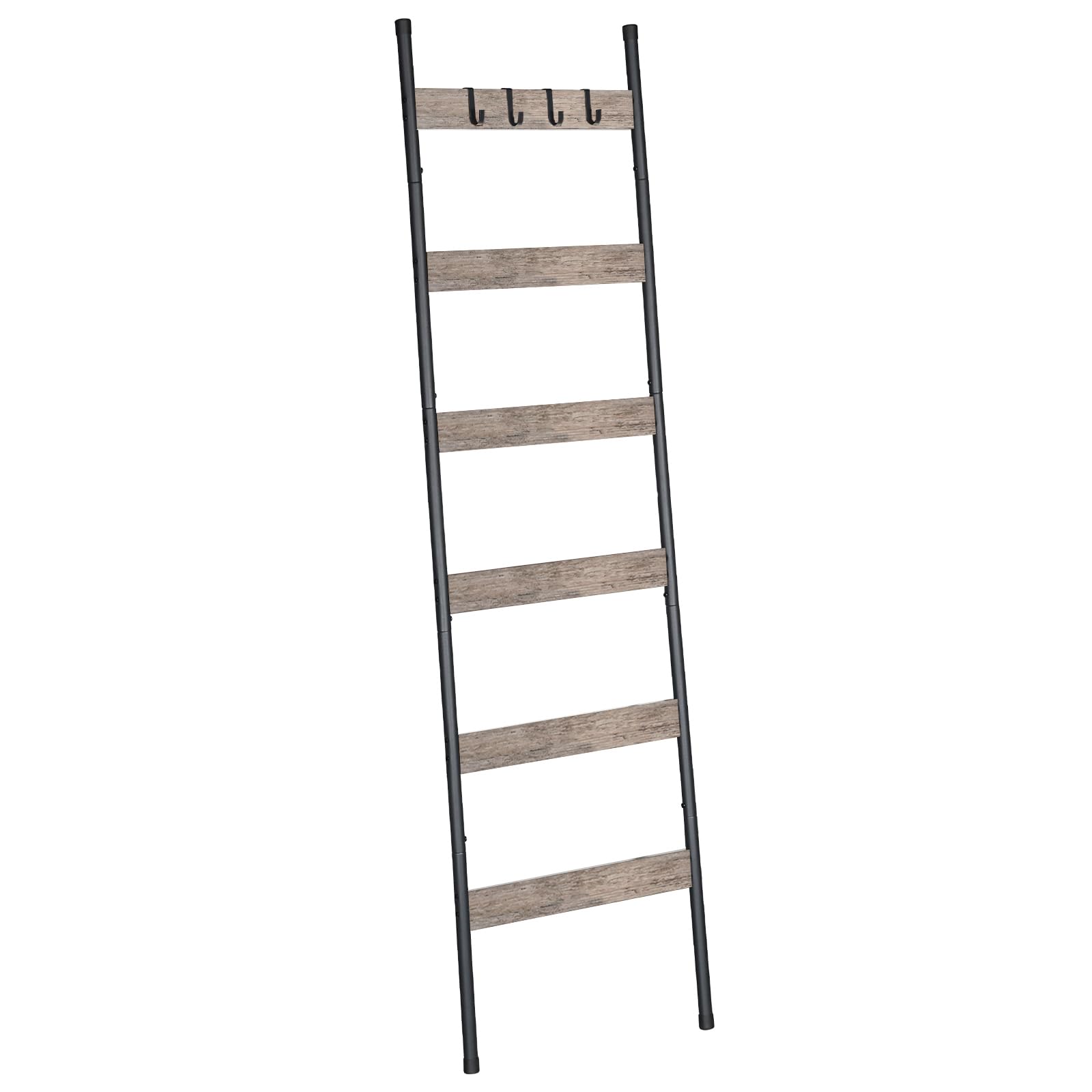 HOOBROBlanket Ladder, 6-Tier Towel Rack with Hooks, Wall-Leaning Blanket Rack, Decorative Display Ladder Shelf, Scarves, Industrial, Living Room, Bedroom, Black and Greige BG66CJ01