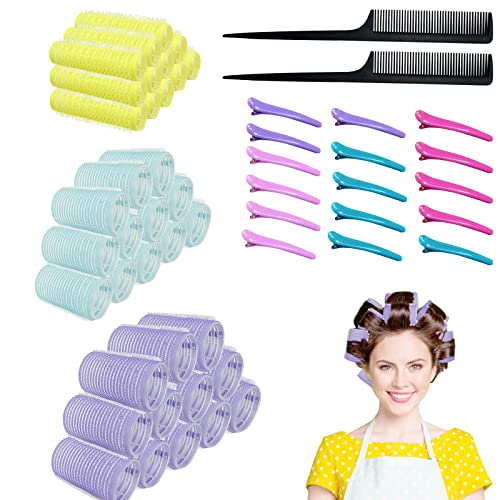AHSONLUF 54 Stücke Lockenwickler Selbsthaftend Set, Enthalten 36 Stücke Haarrolle (15, 25, 36mm) ,16 Stücke Entenschnabelclips und 2 Kämme, Lockenwickler Selbsthaftende Haftwickler für Haarstyling Cover