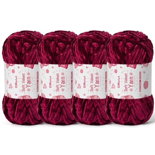Image of 4x100g Fluffy Velvet Chenille Yarn for Crocheting and Knitting, 4x80m (87.5yd) Baby Yarn for Crocheting Soft, Crochet Chunky Yarns Amigurumi Yarns (4 Burgundy)
