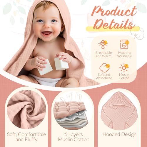 Image of VitalCozy 12 Pcs Baby Muslin Hooded Bath Towels and Washcloths, Muslin Hooded Baby Towels Absorbent Blankets for Gift Newborn Infant Shower (Pink Beige Series)