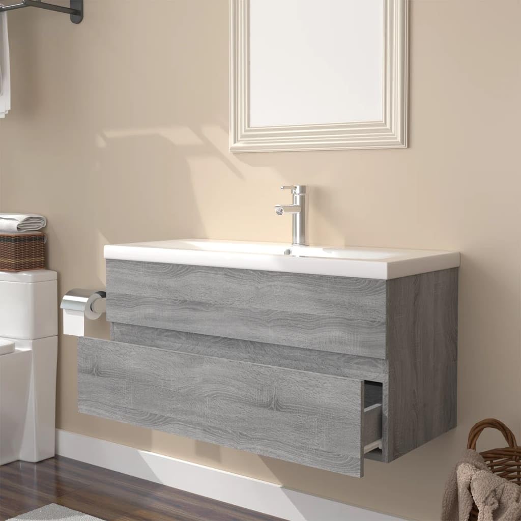 Armario de lavabo con lavabo empotrado, color gris, material de madera Sonoma, 90 x 38,5 x 45 cm, mueble de baño con cajón y espacio de almacenamiento, para colgar en la pared para inodoro