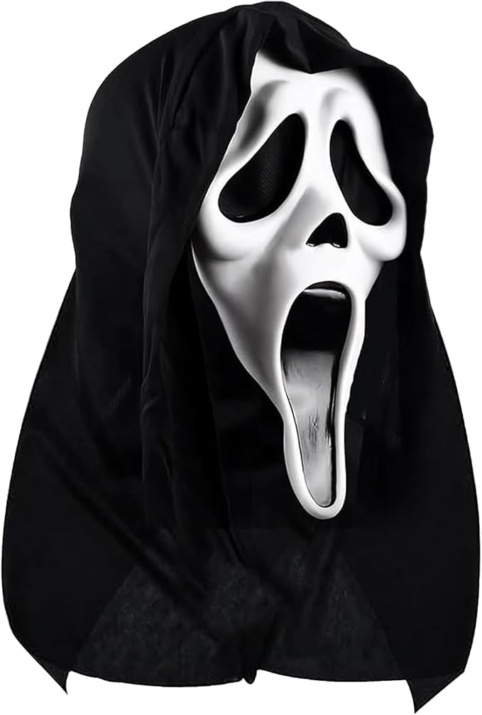 EHIOG Ghostface Scream Mask with Black Hood, Scary Full Head Horror Skull Ghost Mask for Adult Halloween Fancy Dress Costume, Cosplay Party Decoration Prop