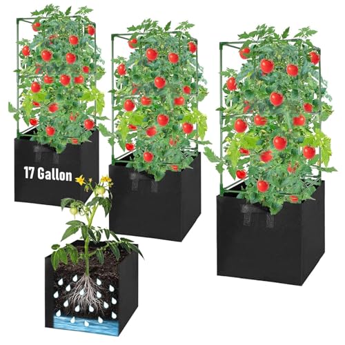 MQHUAYU 3 Pack Tomato Cages with 17 Gallon Grow Bags,...