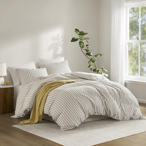 Image of Madison Park Linen Cotton Rayon Blend Duvet Cover Set, 3PC Cal King | Striped Design, Lightweight & Breathable Bedding with Shams, Tan