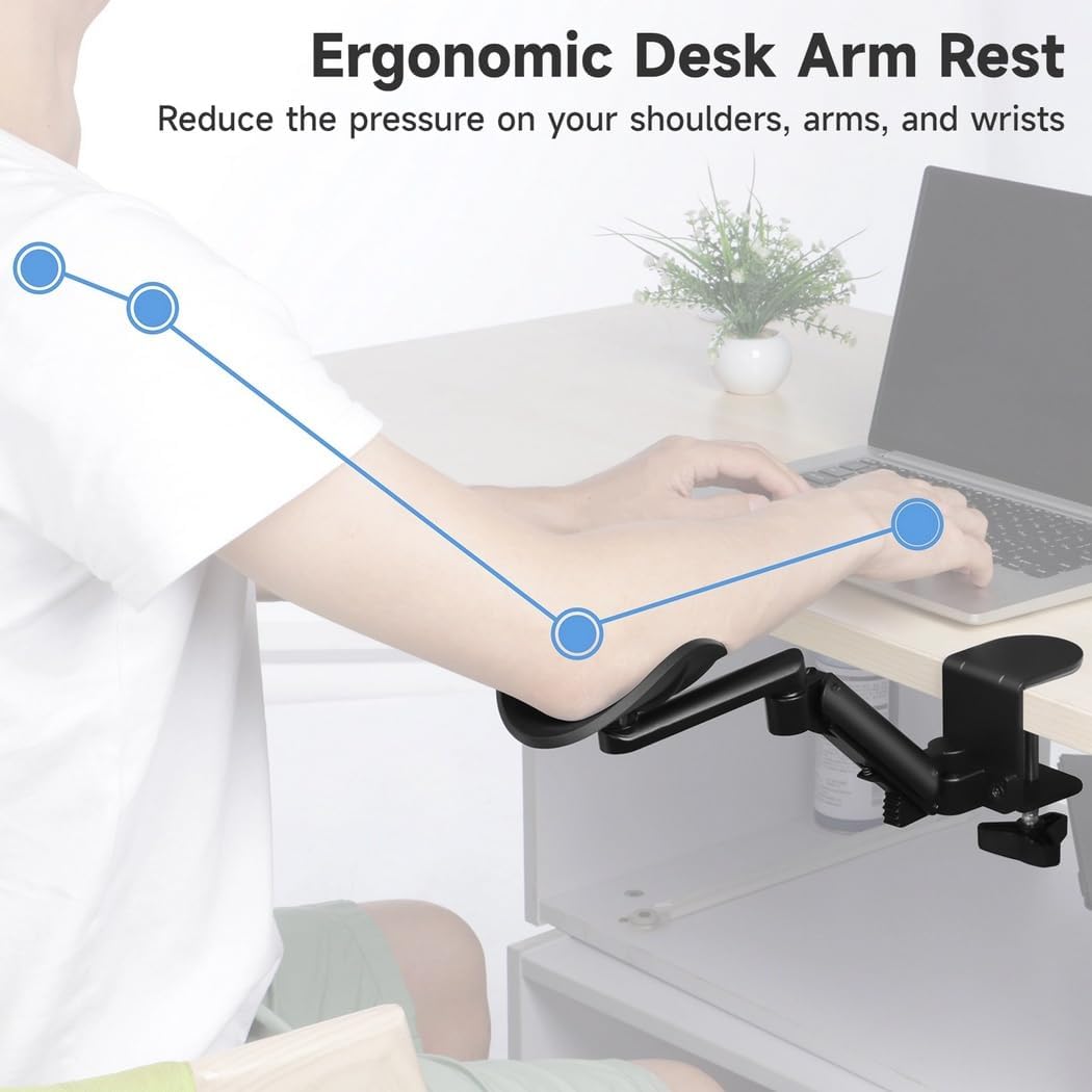 Elbow Rest Holder, Ergonomic Adjustable Desk Armrest, Clamp-On Arm Support, Comfortable Computer Table Elbow Support, Table Extension Platform for Home Office