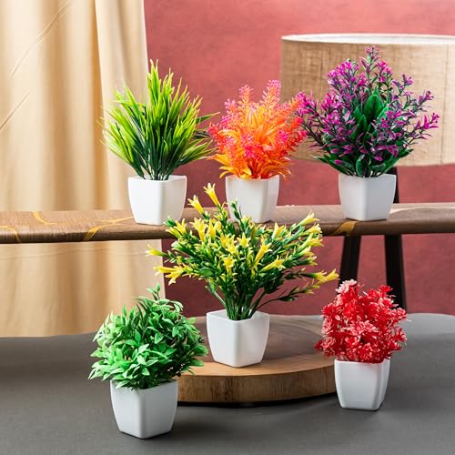 Image of JH Gallery Artificial Potted Plants for Home Decor - Realistic Faux Plant Pots for Home Decor, Living Room, Indoor, Office, Desk, Shelf, Table Decoration. (Pack of 6)