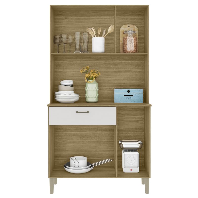 ACTUAL DIFFUSION Buffet de Cuisine 6 Portes 1 Tiroir Chêne et Blanc 5 Niches L92 H170.5 P36.3 cm