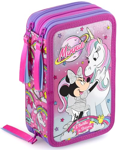 Clondo Estuche Triple Relleno para Niñas, para Minnie con Unicornio Fan, 45 Accesorios Escolares, Plumier 3 Cierres, Compartimentos Organizados, Lápices de Colores, Marcadores, Pegamento, Tijeras