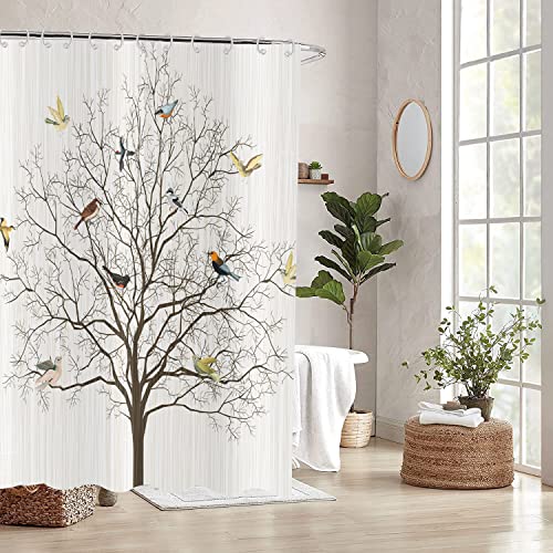Cute Bird Tree Shower Curtain Colorful Birds On The Rustic Tree Branch Beige Nature Plant Waterproof Polyester Fabric Bathroom Curtain For Bathtub Home Hotel Decor Machine Washable With 12 Hooks #TOP2