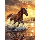 5D塗装 ダイヤモンドモザイクアート， 日没馬 よんかくビーズ DIYクリスマス クリエイティブ 手芸キット，大人向け 初心者，インテリア寝室の応接間 家族 同僚 友人 誕生日 祝日 プレゼント 50x100cm LZ599L