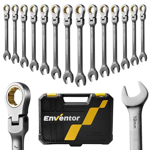 Enventor Llaves Fijas con Carraca de 14pcs, Juego de Llaves Combinadas con Carraca 6mm a 19mm, Acero Cromo Vanadio, Niquelado Negro, 90T, Cabezal Giratorio de 180°, Arco de Giro de 4°, Caja