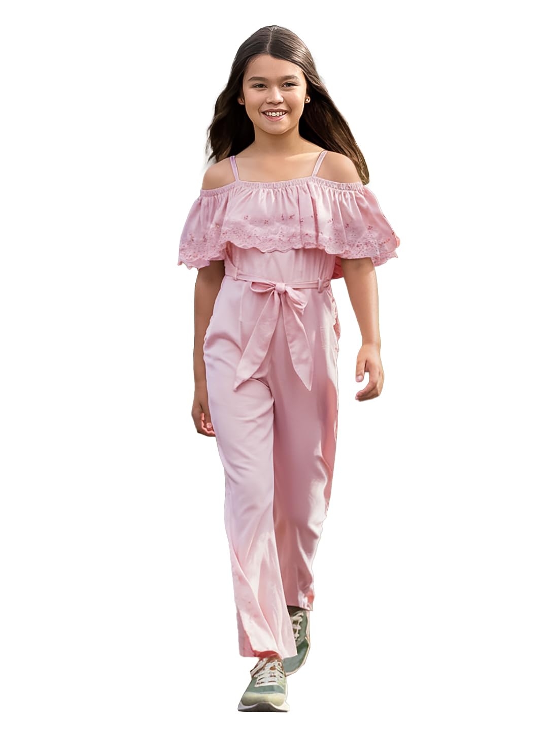 Naughty Ninos Girls Pink Schiffli Styled Solid Jumpsuit (Nn01023Drs_3-4 Years)